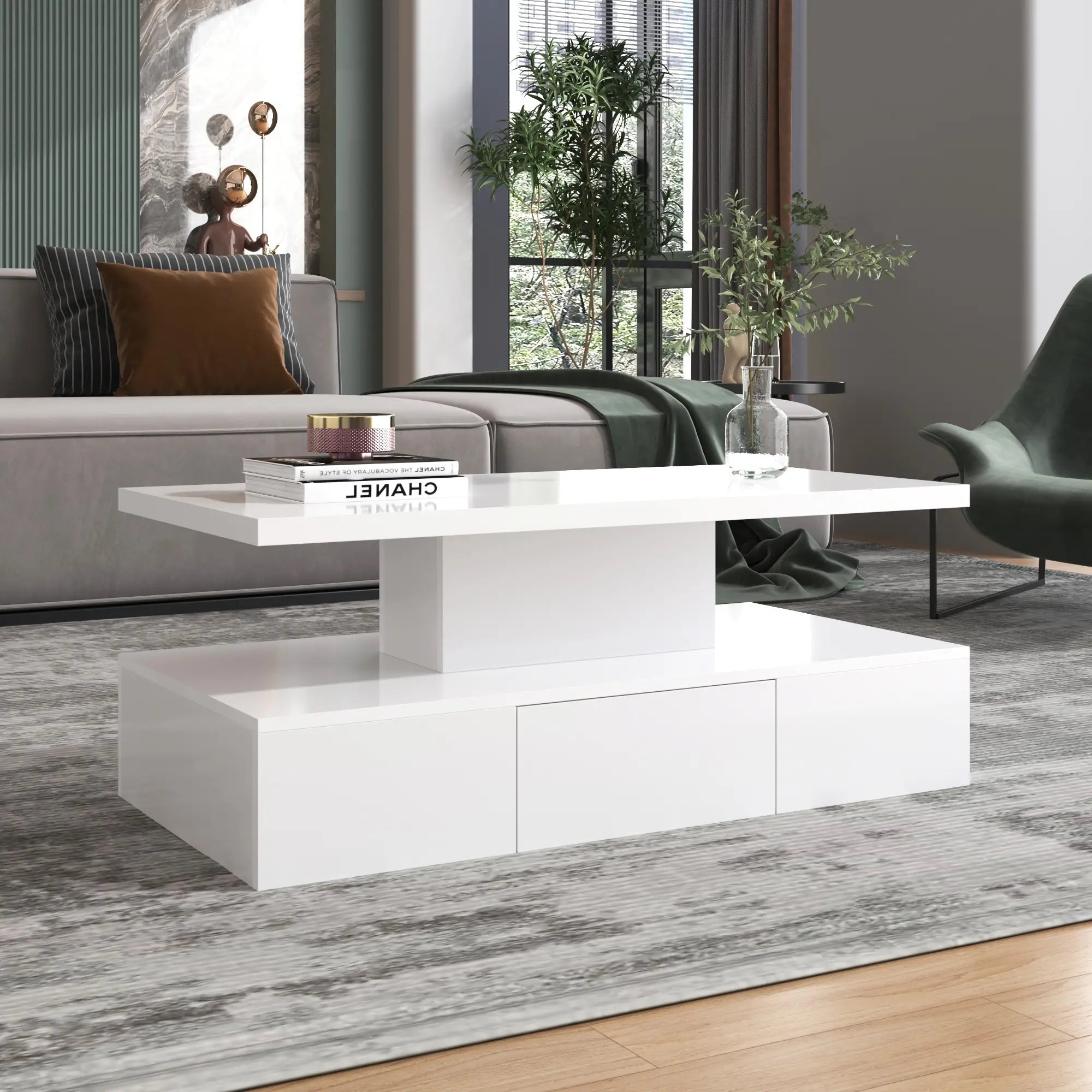 High-Gloss Coffee Table, Hidden Drawer, 39.5