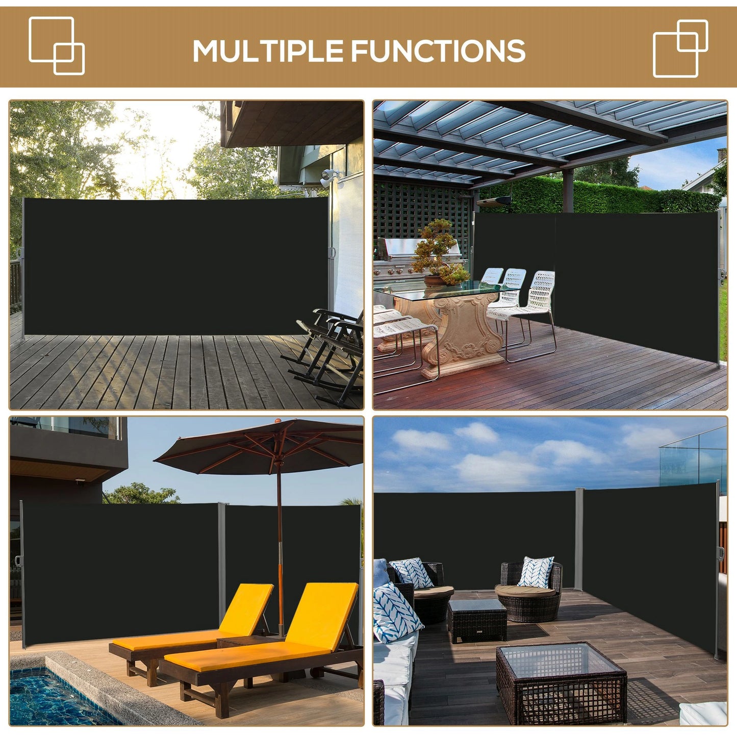 118" x 79" Retractable Side Awning, Outdoor Folding Privacy Screen, UV & Wind Resistant, Black Side Awnings at Gallery Canada