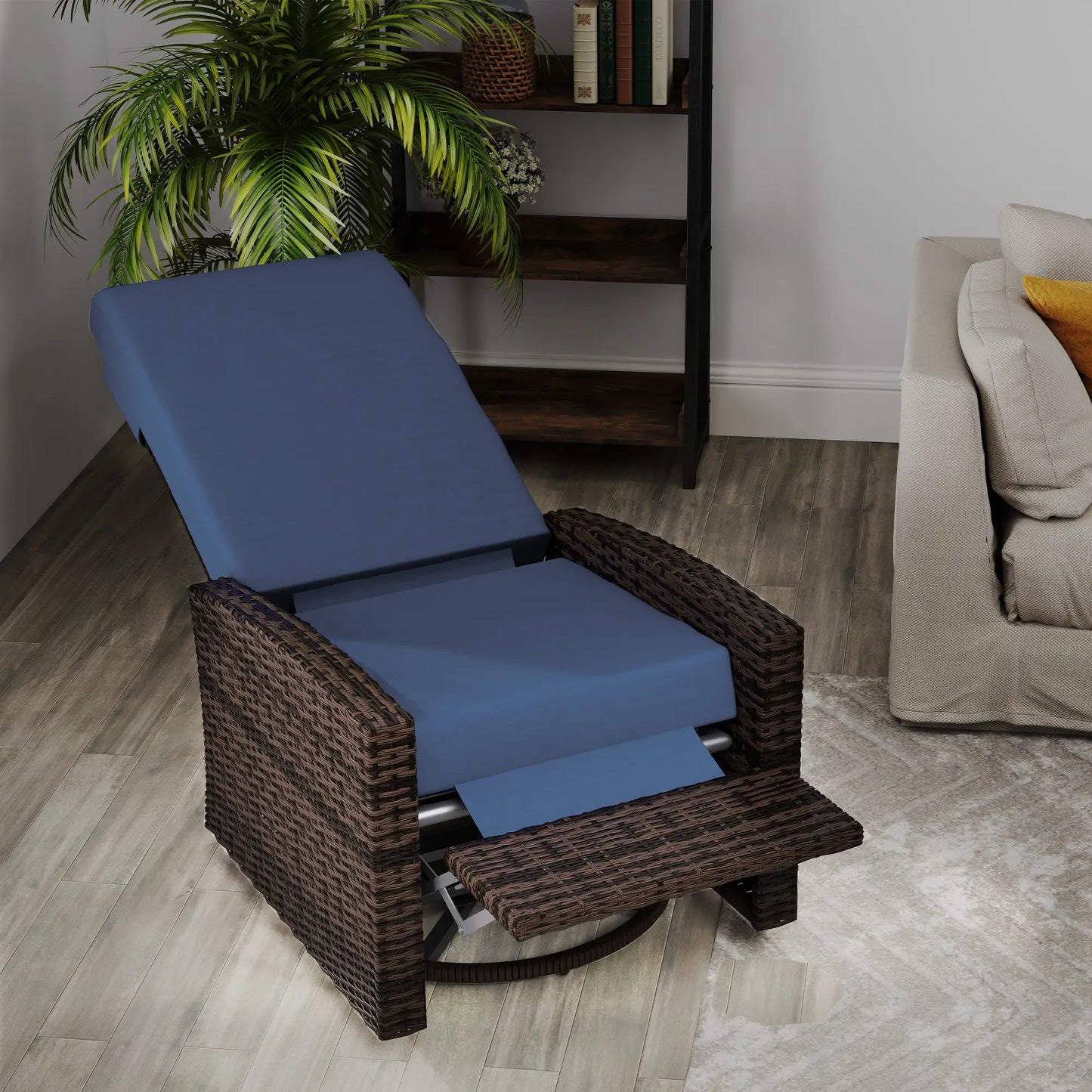 Outdoor Rattan Wicker Lounge Chair with Footrest &; Soft Cushion for Patio, Garden, Backyard, Dark Blue Patio Chairs at Gallery Canada