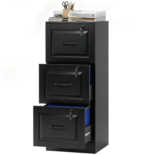 3 Drawer File Cabinet With Lock, Vertical Filing Cabinet, Black