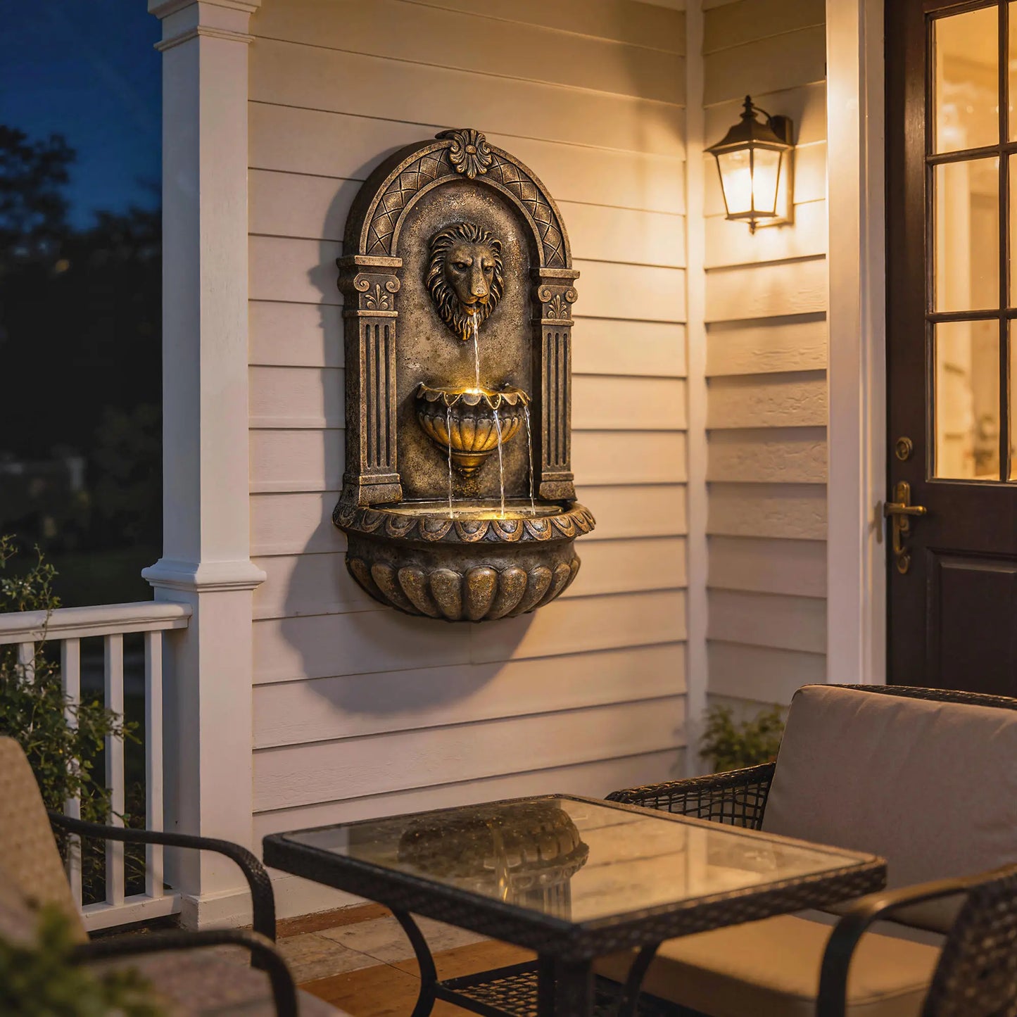Wall Mounted 3 Tier Outdoor Fountain, Resin Waterfall With LED Lights, Rustic Brown Water Fountains at Gallery Canada