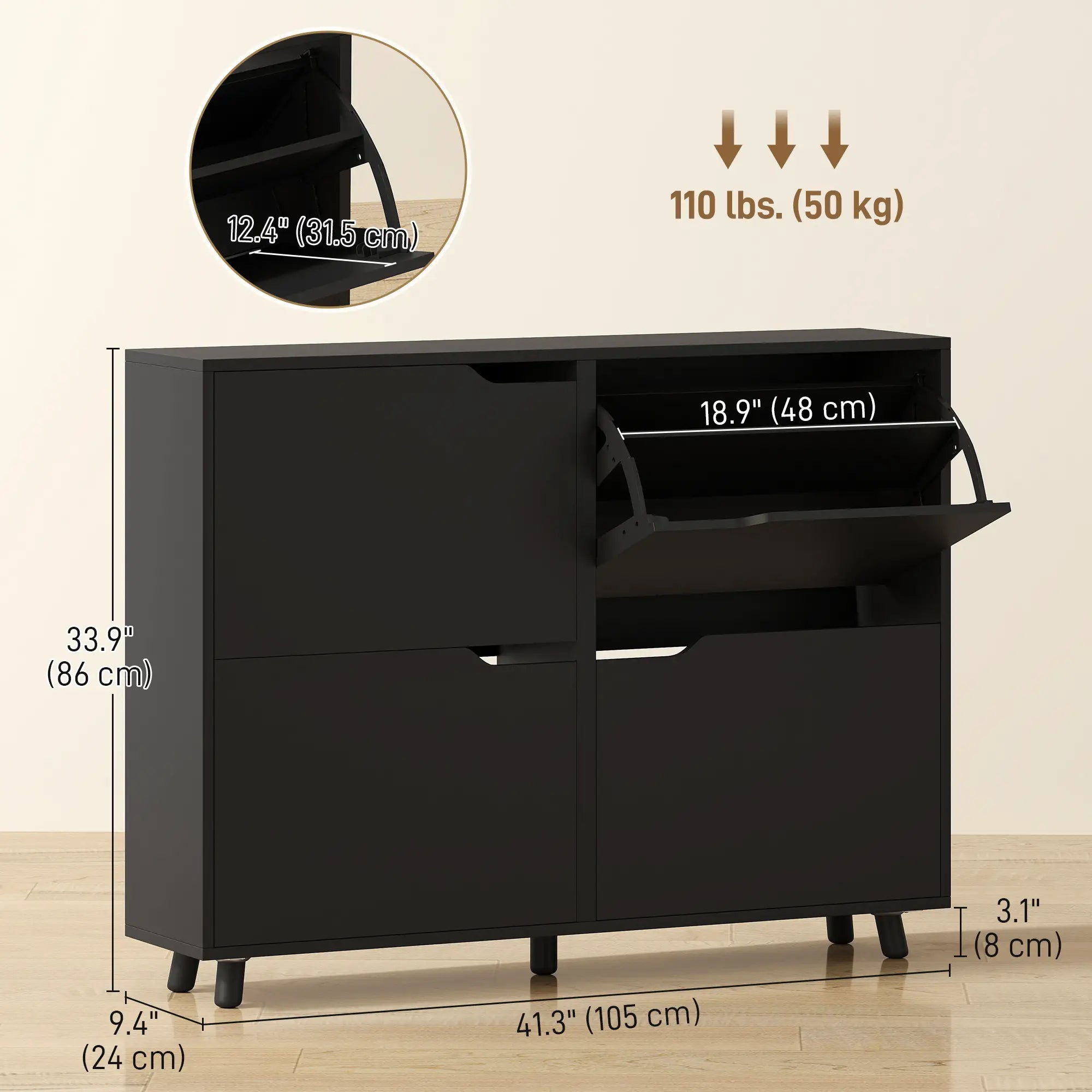Narrow Shoe Cabinet, 4 Flip Drawers, Adjustable Shelves, 16 Pairs, Black Shoe Storage Cabinets & Racks at Gallery Canada