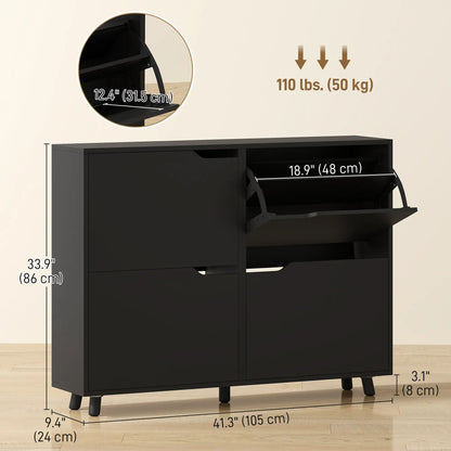 Narrow Shoe Cabinet, 4 Flip Drawers, Adjustable Shelves, 16 Pairs, Black Shoe Storage Cabinets & Racks at Gallery Canada