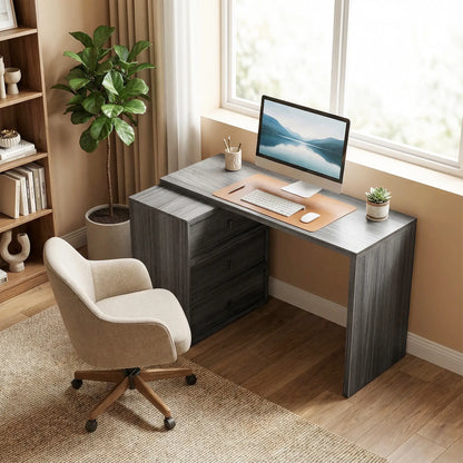 L-Shaped Computer Desk, 3 Drawers, Black Wood Grain, Black Computer Desks at Gallery Canada
