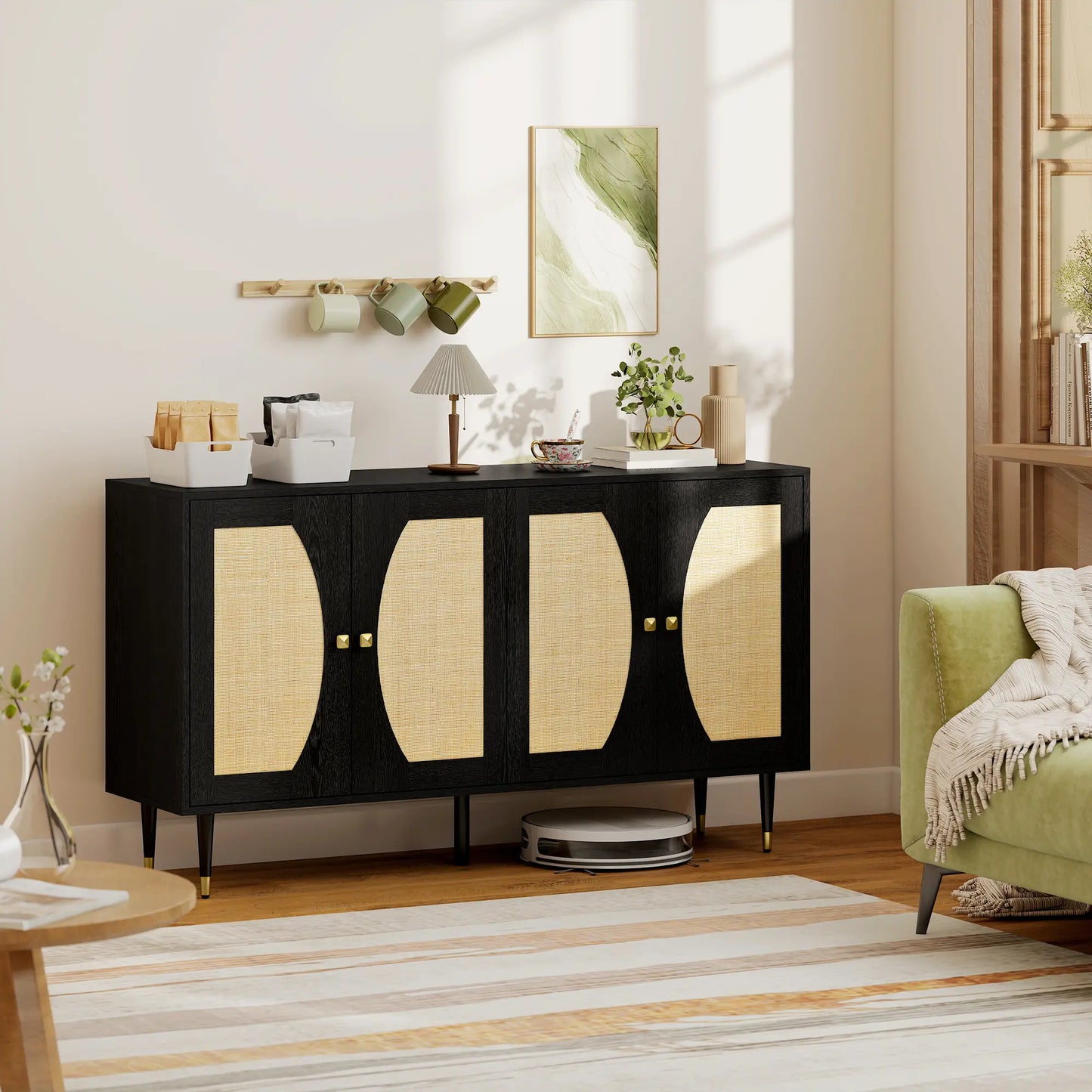 55" Sideboard Buffet Cabinet, Boho Storage With Adjustable Shelves, Black Storage Cabinets at Gallery Canada