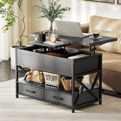 Modern Lift Top Coffee Table, Fabric Drawers, Hidden Storage, Distressed Black Coffee Tables at Gallery Canada