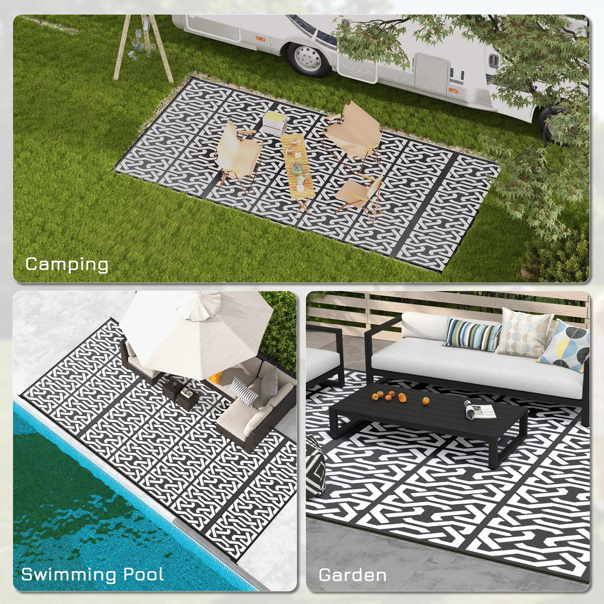 Reversible Outdoor Rug, Waterproof, 9' x 18', Chain, Black and White Outdoor Reversible Rugs at Gallery Canada