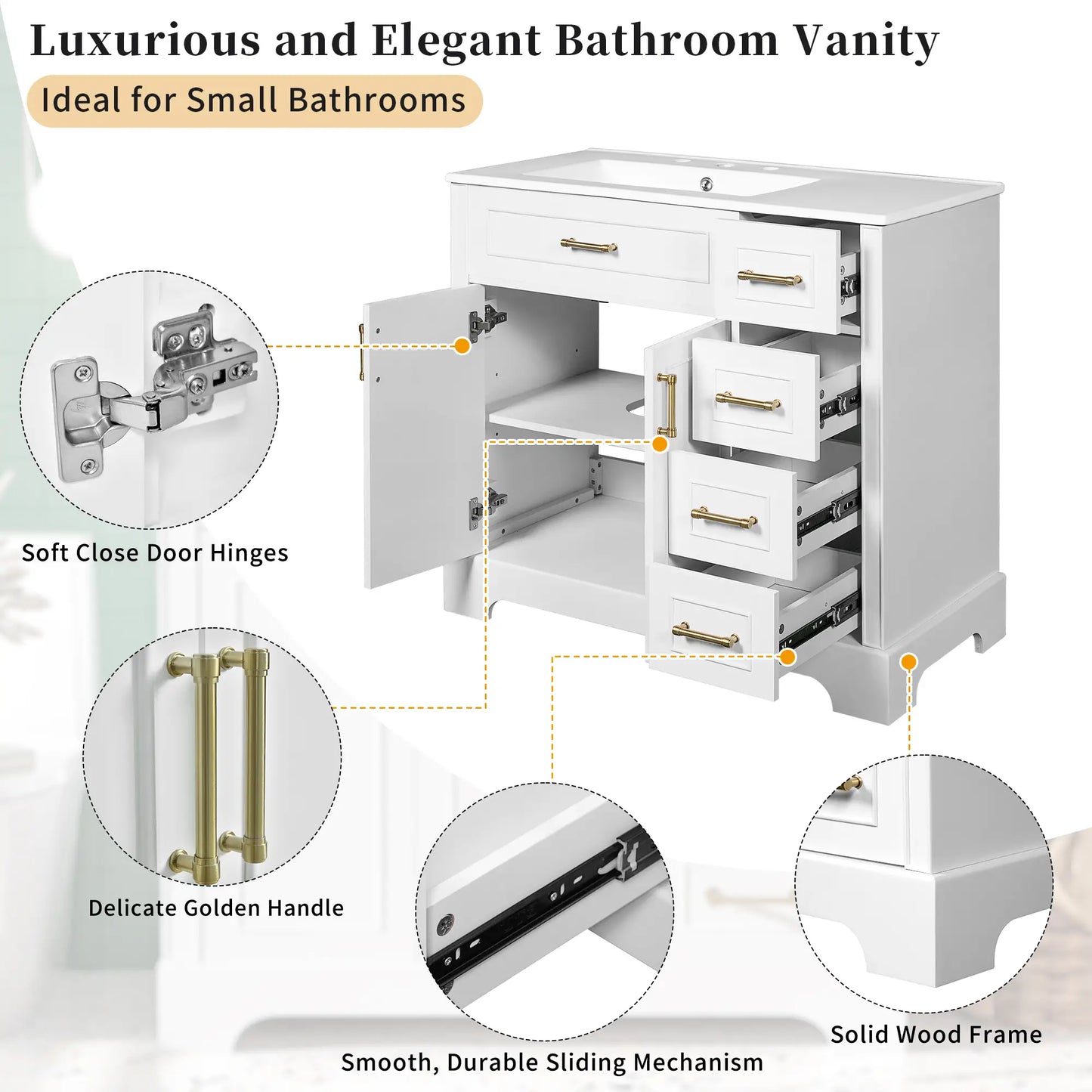 Bathroom Vanity, Ceramic Sink, Soft-Close Doors, 36" L x 18.5" W x 34" H, White Sink Cabinets at Gallery Canada