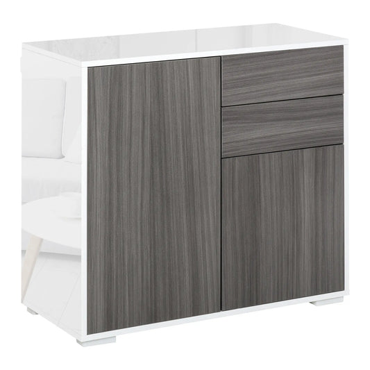 High Gloss Buffet Sideboard, 2 Drawers, 2 Doors, Adjustable Shelf, Kitchen Storage Cabinet, Push Open, White, Grey Storage Cabinets High Gloss White (Frame), Grey Wood Grain (Panel) at Gallery Canada