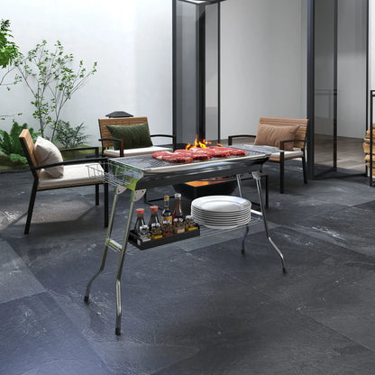 Portable Charcoal Grill, Stainless Steel, Folding With Shelf