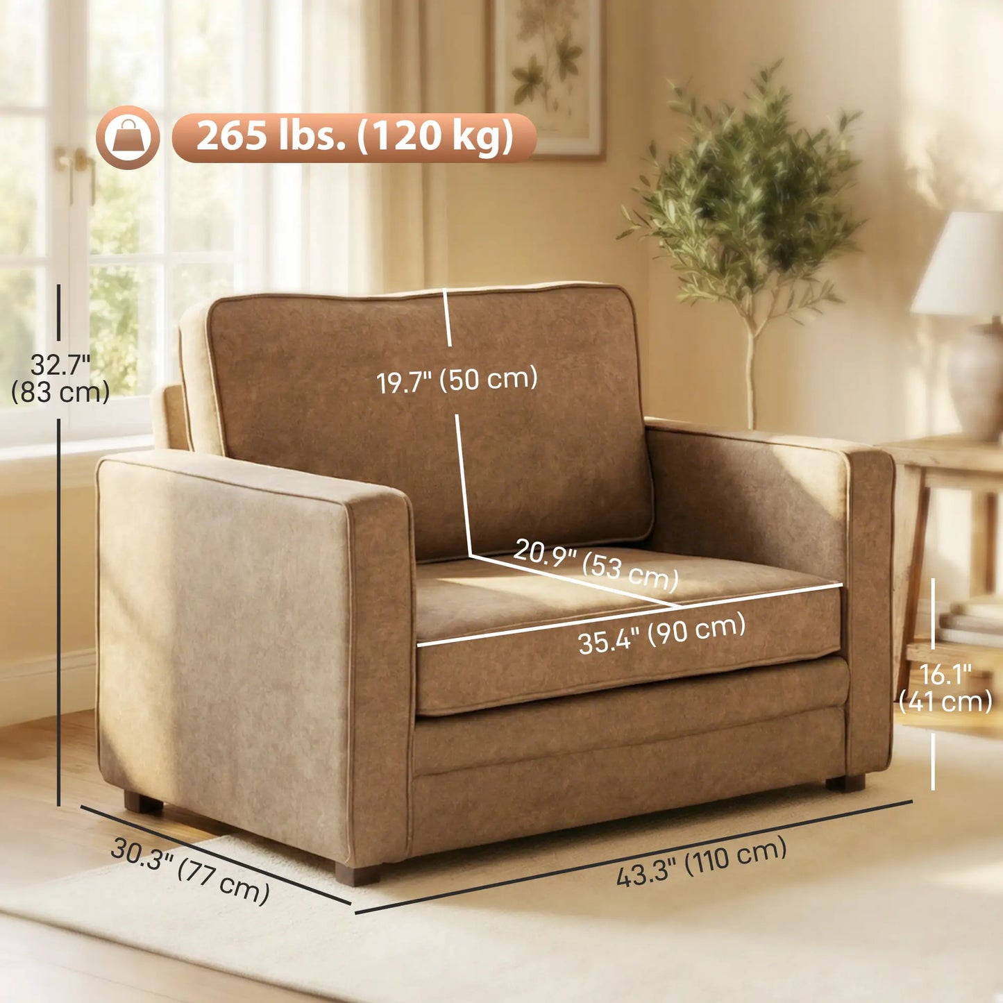 Velvet Fabric Armchair, Wide Seat, Spring Cushion, Solid Wood Legs, Brown Single Sofas at Gallery Canada