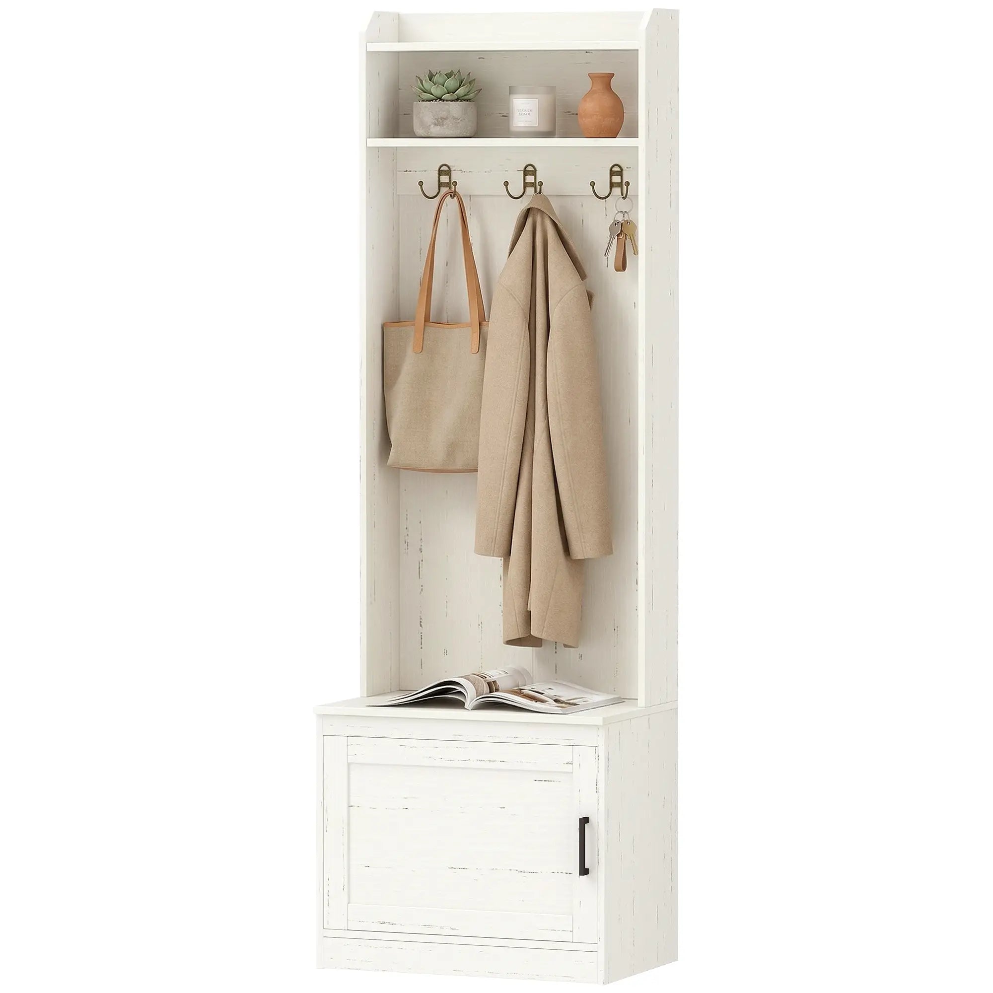 Rustic Hall Tree, Shoe Storage Bench, Coat Rack, Shelves, White Clothing Storage White Wood Grain at Gallery Canada
