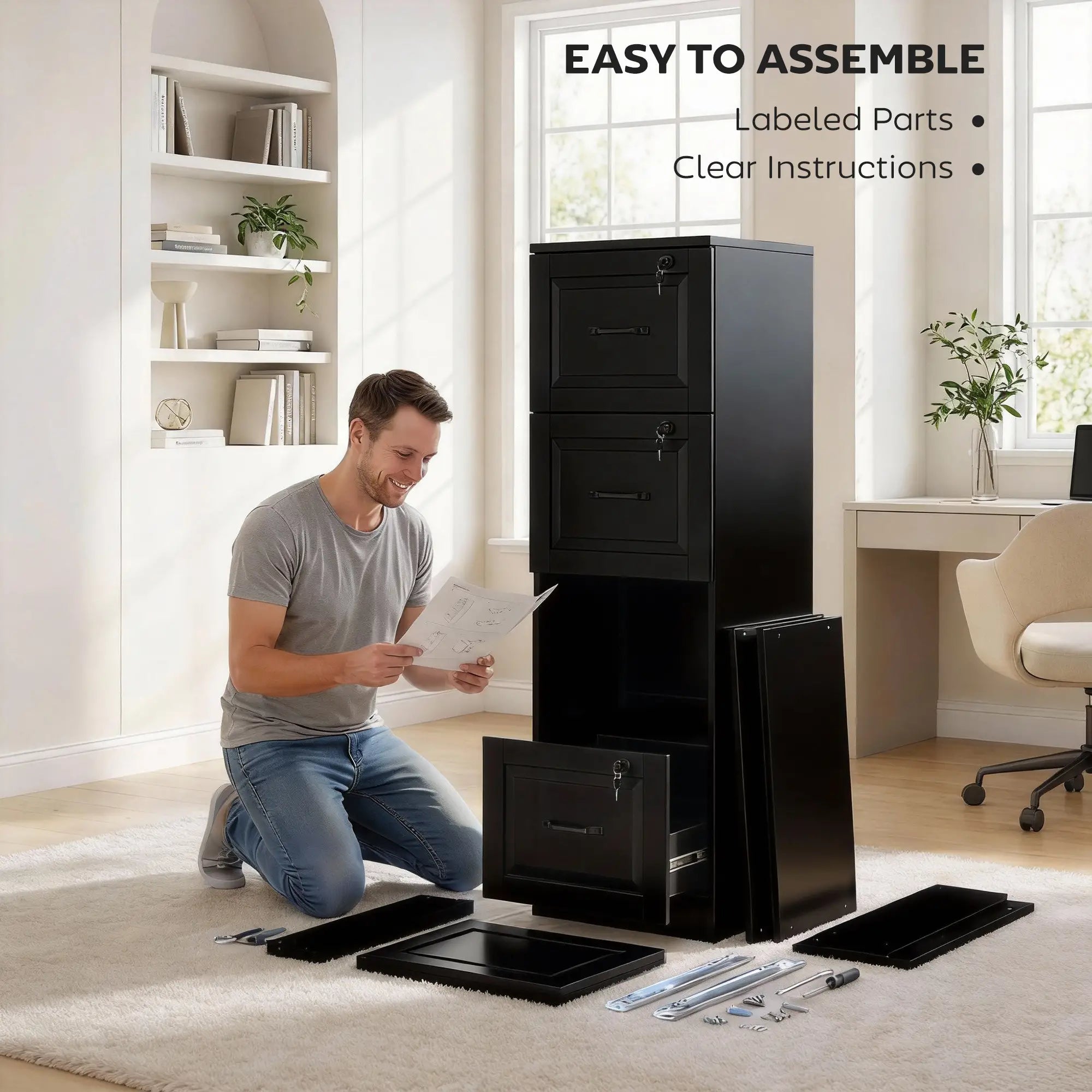 4 Drawer File Cabinet With Lock, Adjustable Hanging Bars, Black Office Cabinets & Cupboards at Gallery Canada