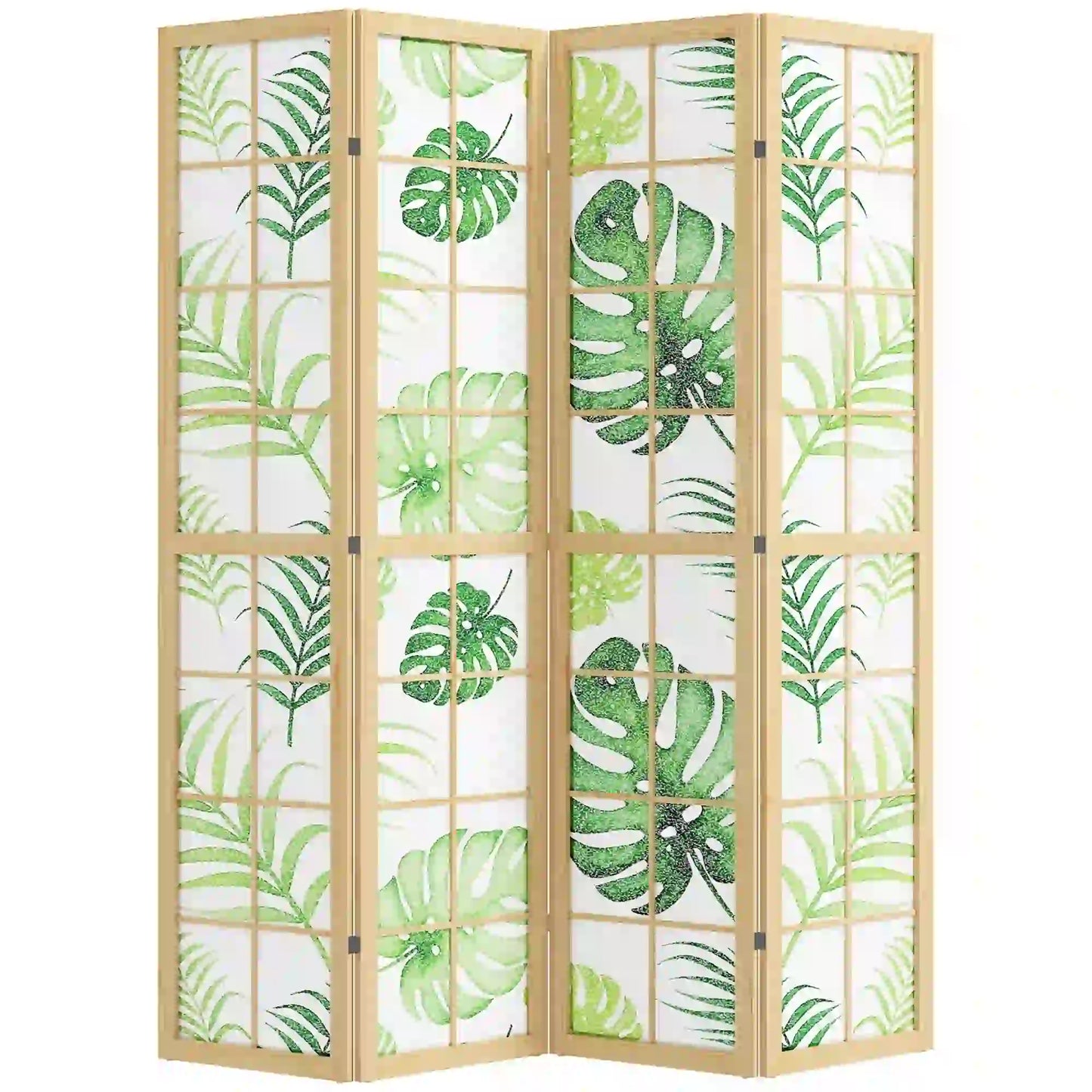 4 Panel Folding Privacy Screen, 67" Palm Leaf Design, Natural Green, Green Room Dividers at Gallery Canada