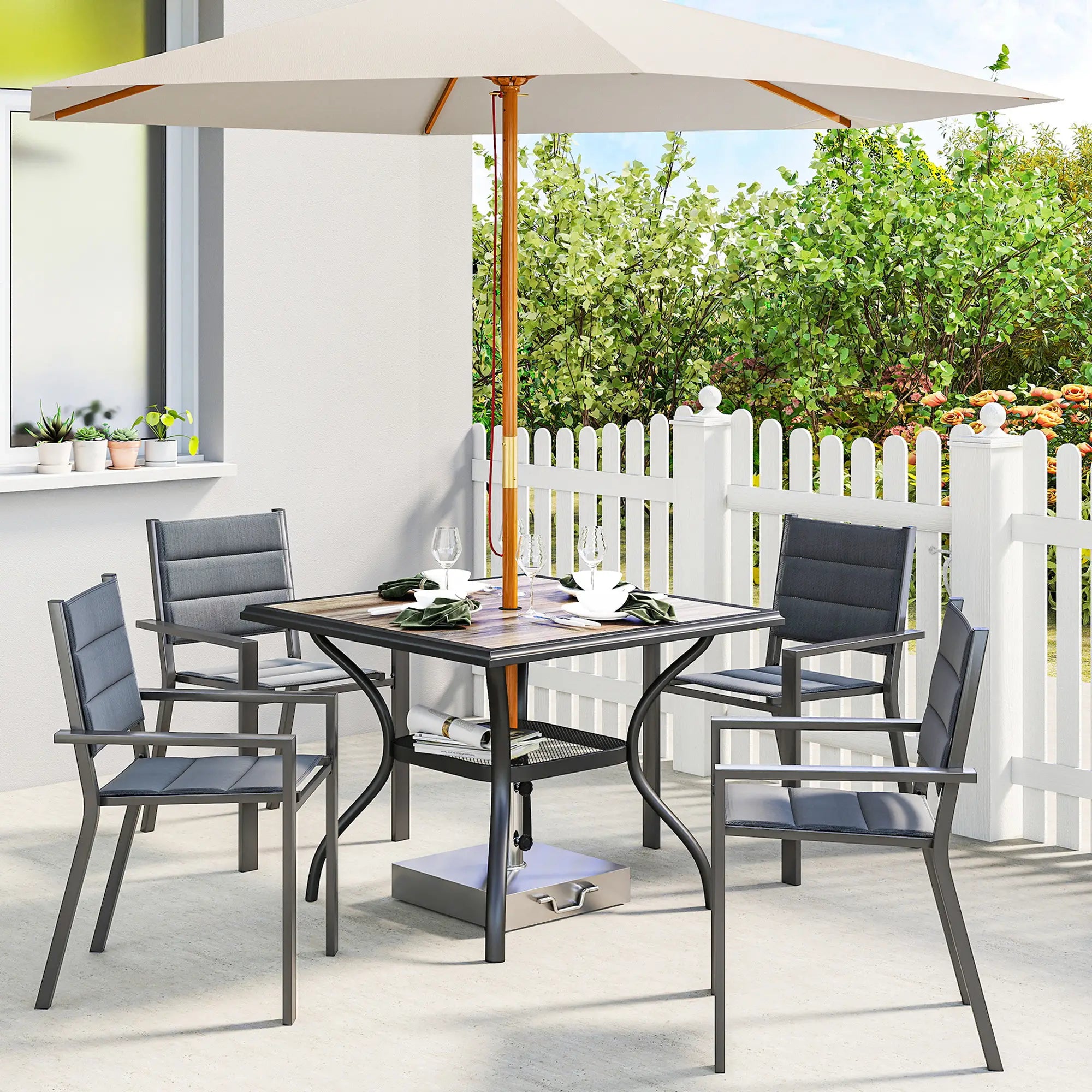 Square Outdoor Dining Table For 4, With Umbrella Hole And Shelf, Grey Patio Dining Tables at Gallery Canada