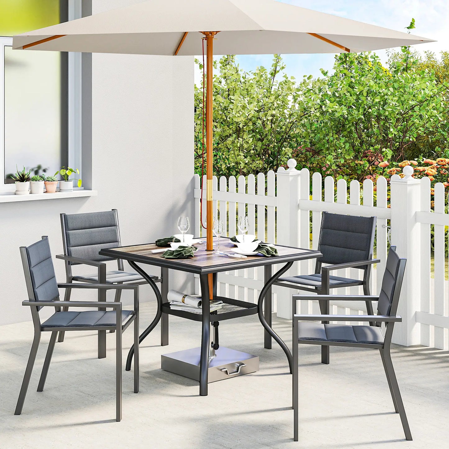 Square Outdoor Dining Table For 4, With Umbrella Hole And Shelf, Grey Patio Dining Tables at Gallery Canada
