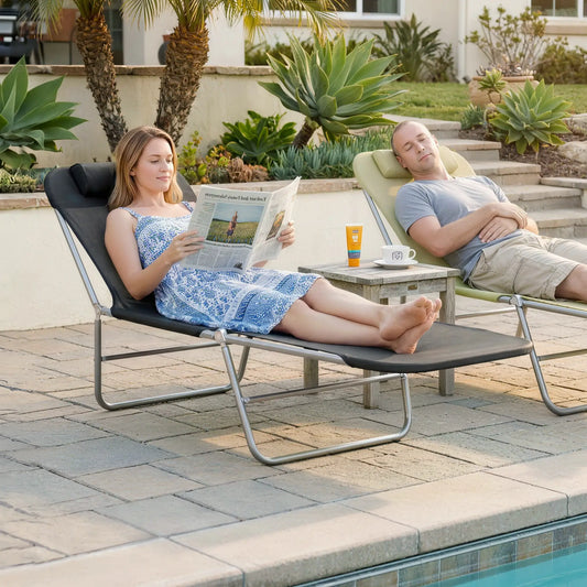 Portable Adjustable Reclining Lounge Chair, Folding Chaise, Black Lounger Chairs Black at Gallery Canada