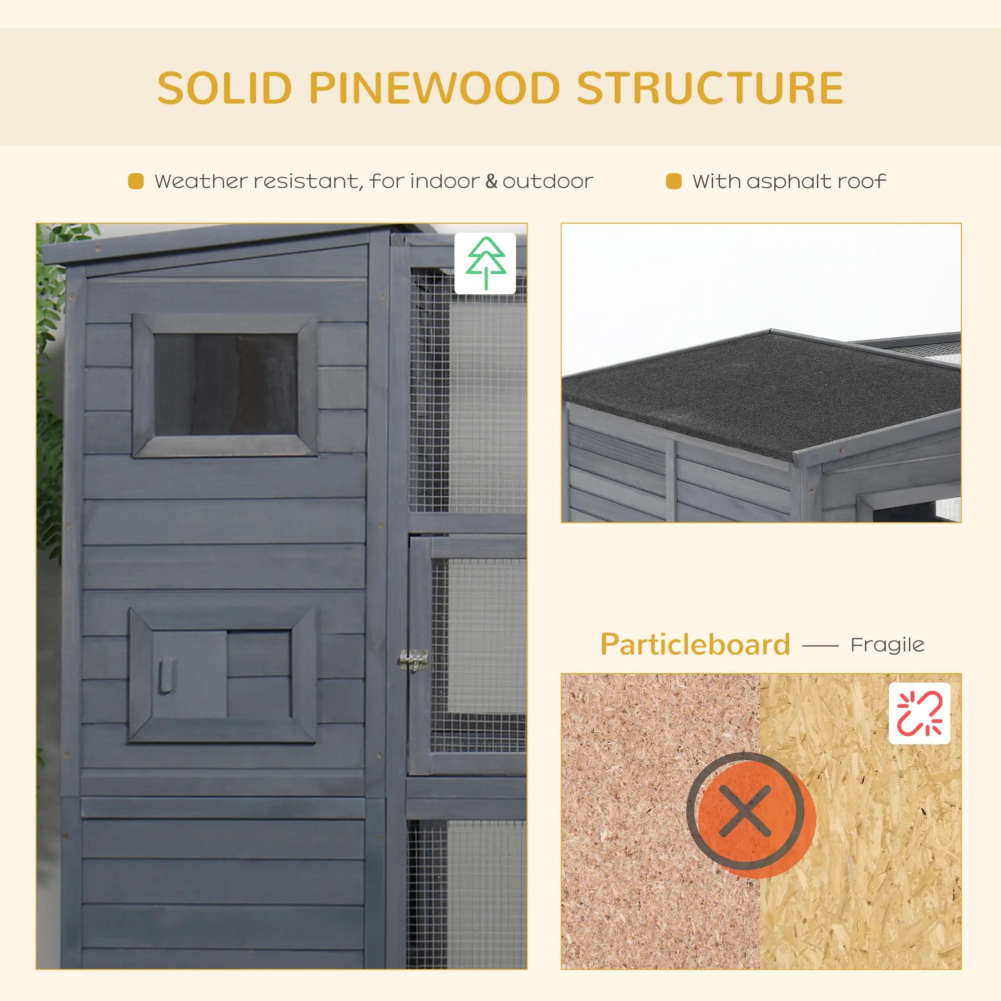 Outdoor Wooden Catio, 4 Tier Main House, Ramp, Platforms, Asphalt Roof, Grey Outdoor Cat Enclosures at Gallery Canada