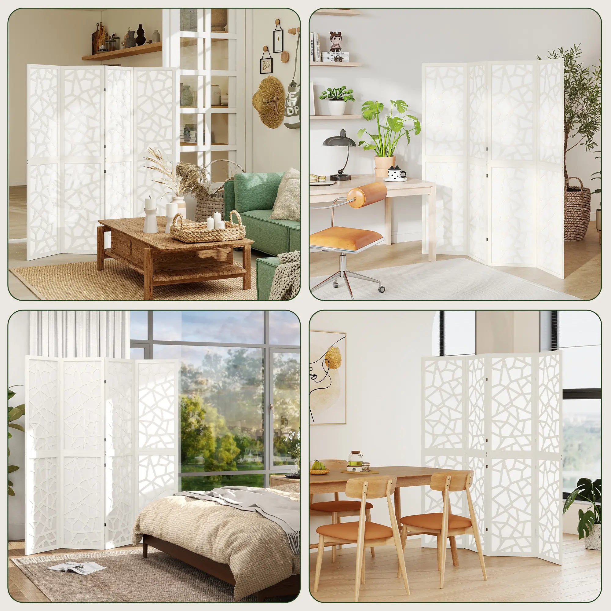 4 Panel Room Divider, 5.6 FT Geometric Pattern Privacy Screen, White Room Dividers at Gallery Canada