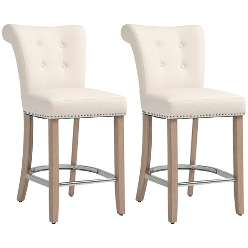 Upholstered Counter Height Bar Stools, Set of 2, Wood Legs, Cream White