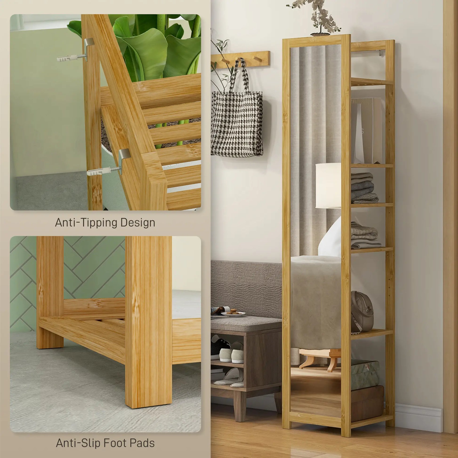 66" x 14" Standing Mirror, 6-Tier Shelf, Full Body Floor Mirror, Nature Wood Bathroom Cabinets at Gallery Canada