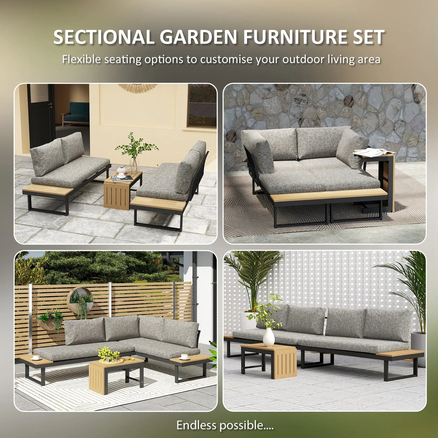3 Piece Aluminum Corner Patio Furniture Set, Sectional Outdoor Sofa, 2 Loveseats, Wood-Plastic Coffee Table Patio Furniture Sets at Gallery Canada