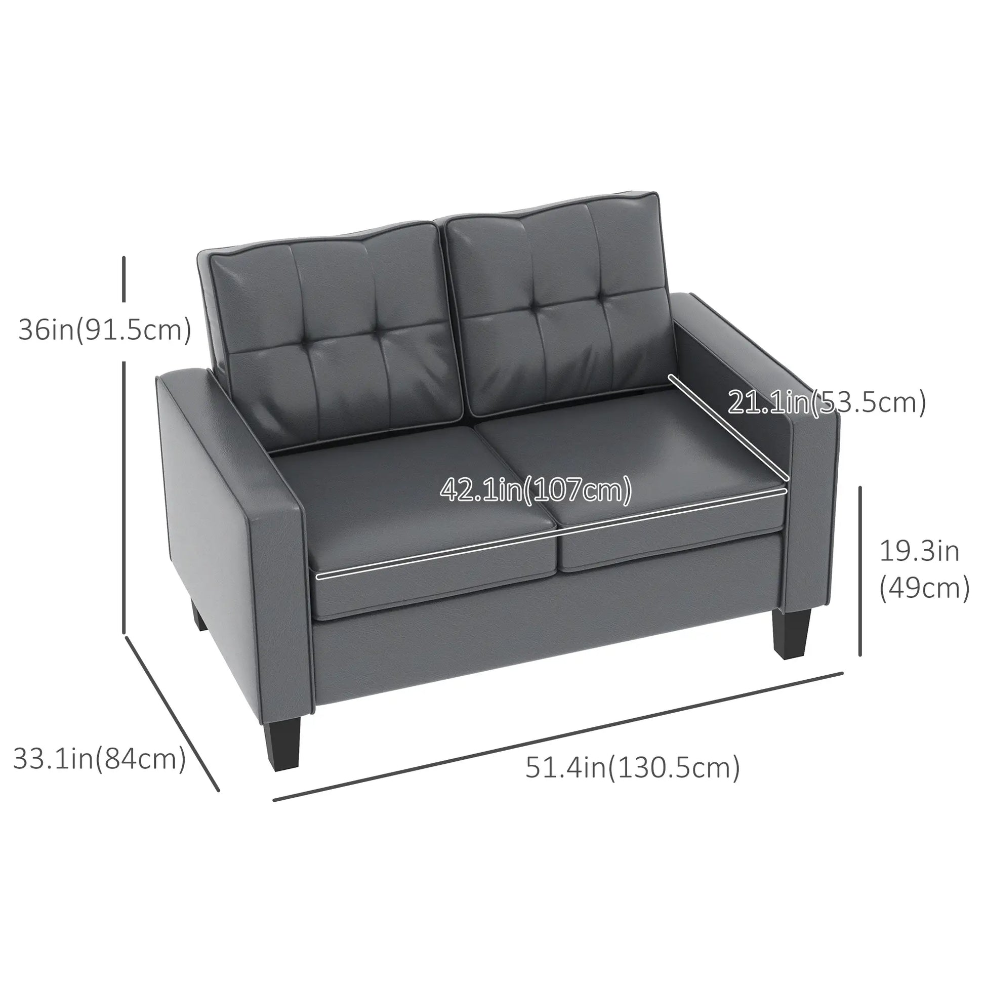 51" PU Leather Loveseat, Upholstered Sofa, Tufted Backrest, Grey 2-Seater Sofas at Gallery Canada