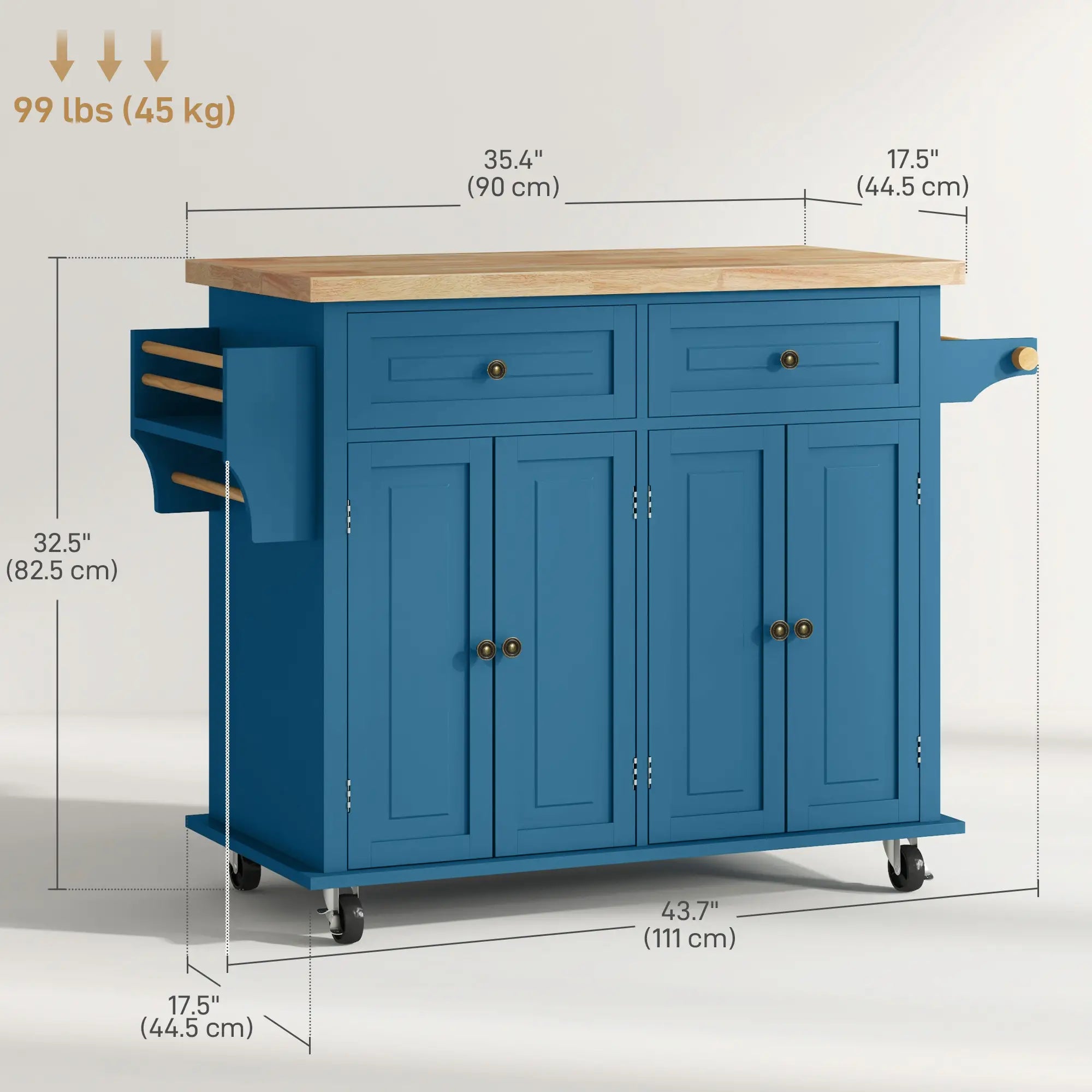 Kitchen Island with Storage, Rolling Cart, Rubber Wood Top, Blue Kitchen Islands & Kitchen Carts at Gallery Canada