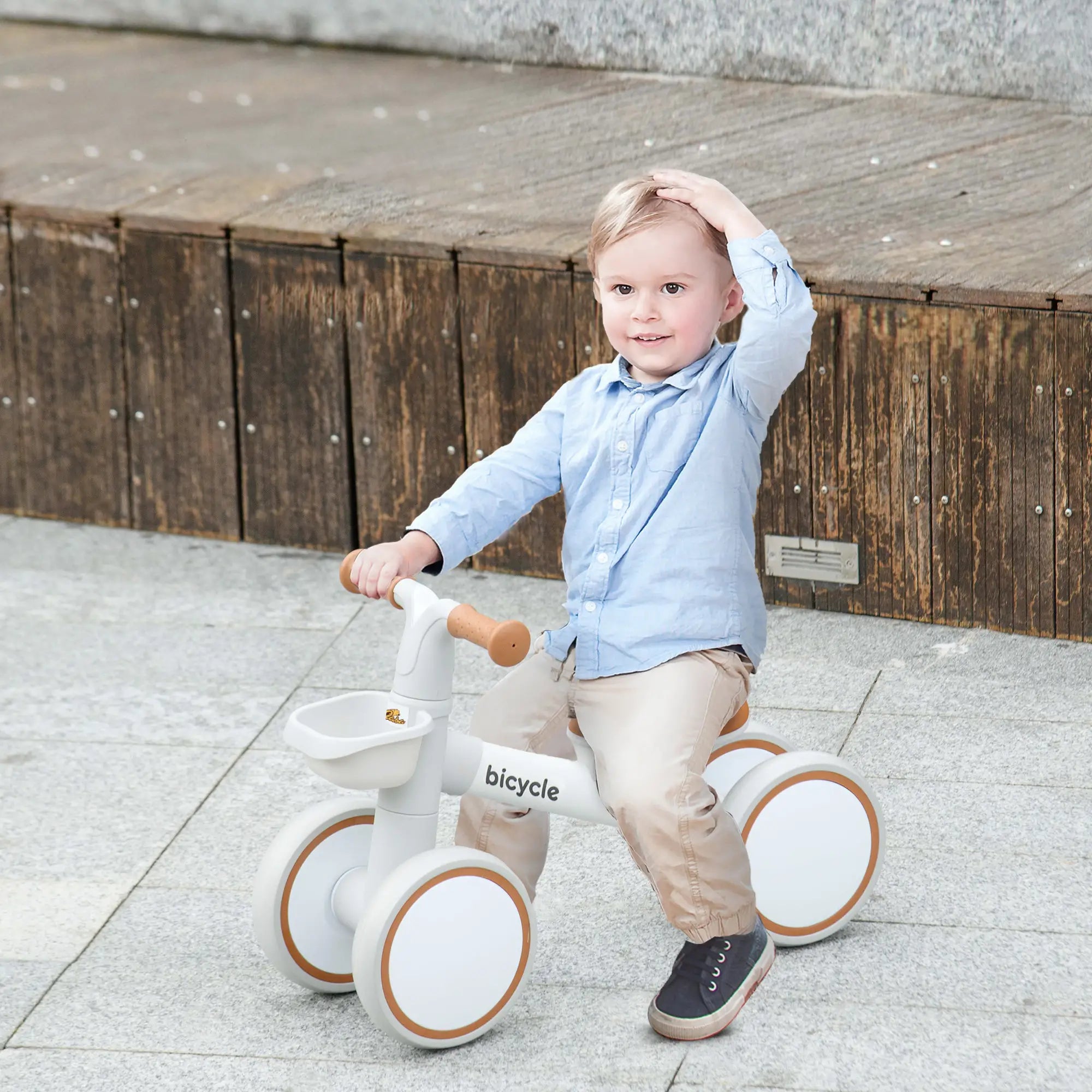 Toddler Balance Bike, Adjustable Seat, Removable Basket, 4 Wheels, Brown Riding & Rocking Toys at Gallery Canada