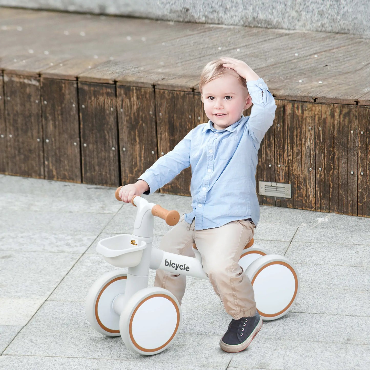Toddler Balance Bike, Adjustable Seat, Removable Basket, 4 Wheels, Brown Riding & Rocking Toys at Gallery Canada