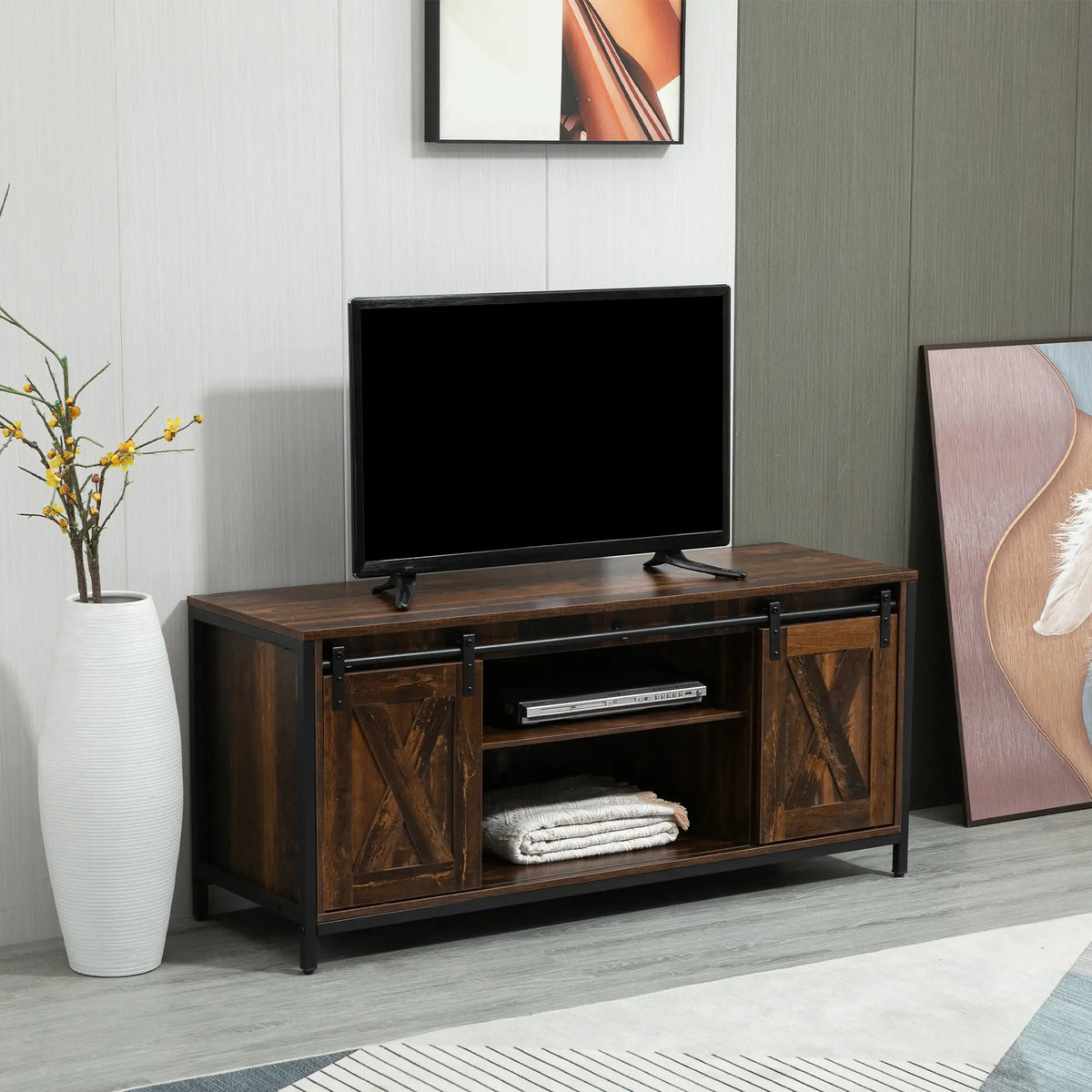 Industrial TV Stand for 60" TVs, Storage Console, 2 Sliding Barn Doors, Brown TV Stands at Gallery Canada