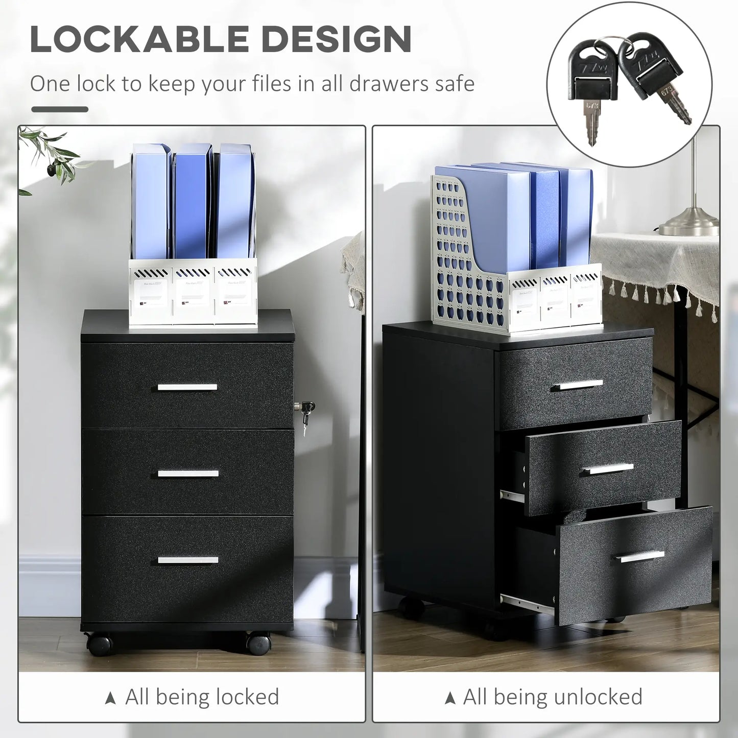 Mobile 3 Drawer File Cabinet with Wheels, Lock, Keys, Black Office Cabinets & Cupboards at Gallery Canada