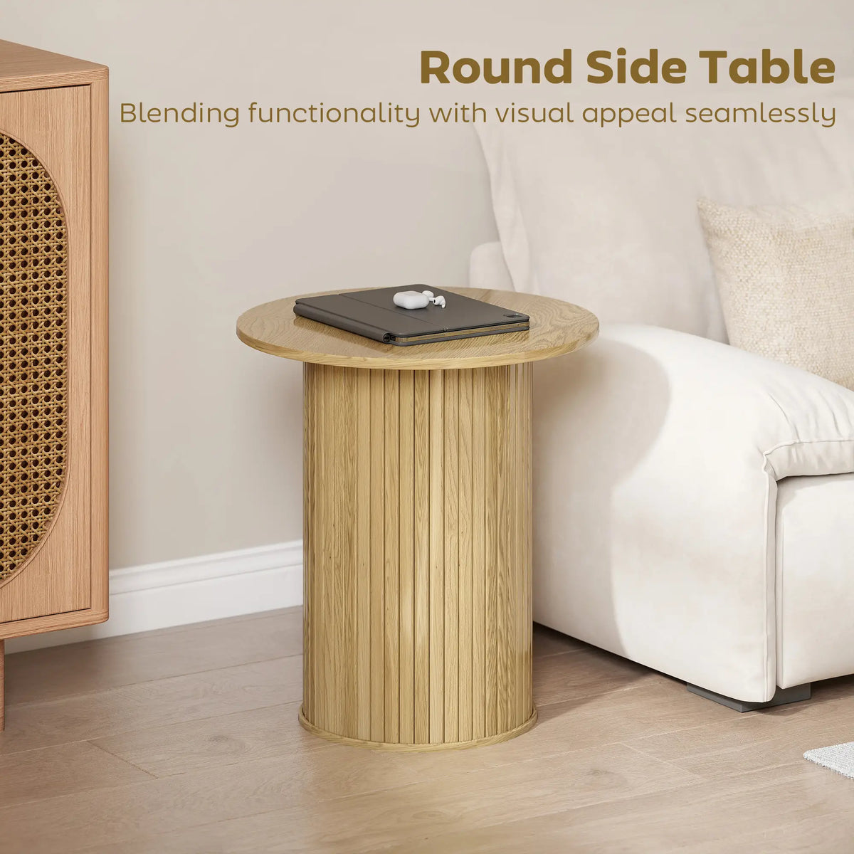 Round Side Table, Fluted Accent End Table, Narrow Nightstand, Oak Side Tables at Gallery Canada