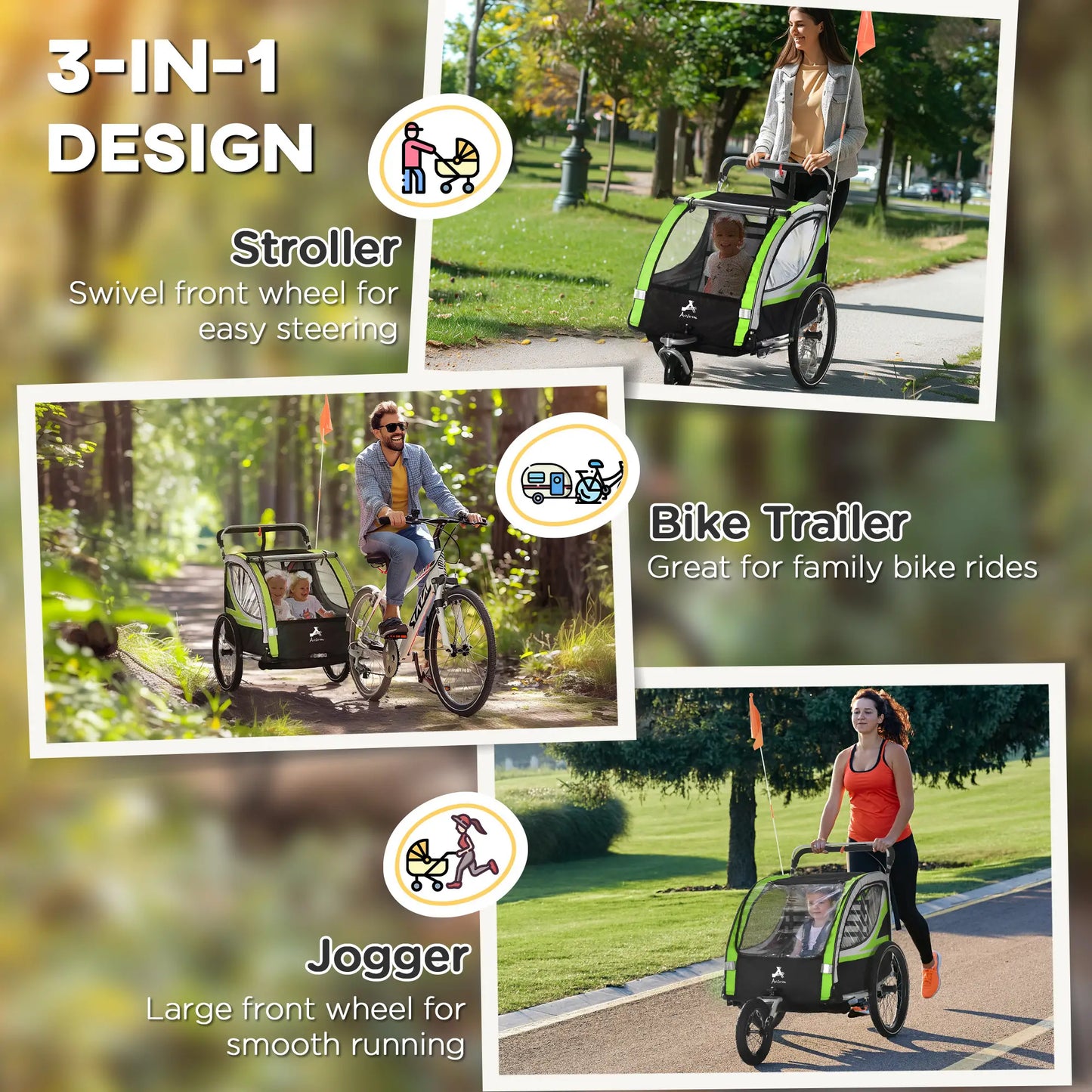 3-in-1 Bike Trailer, Running Stroller, 2 Seats, 5-Point Harness, Storage, Green Kids Bike Trailers at Gallery Canada