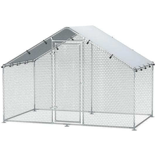 Metal Chicken Coop, 9.8 x 5.6 FT, Walk-In Run With Cover, Lockable Door Chicken Coops Silver at Gallery Canada