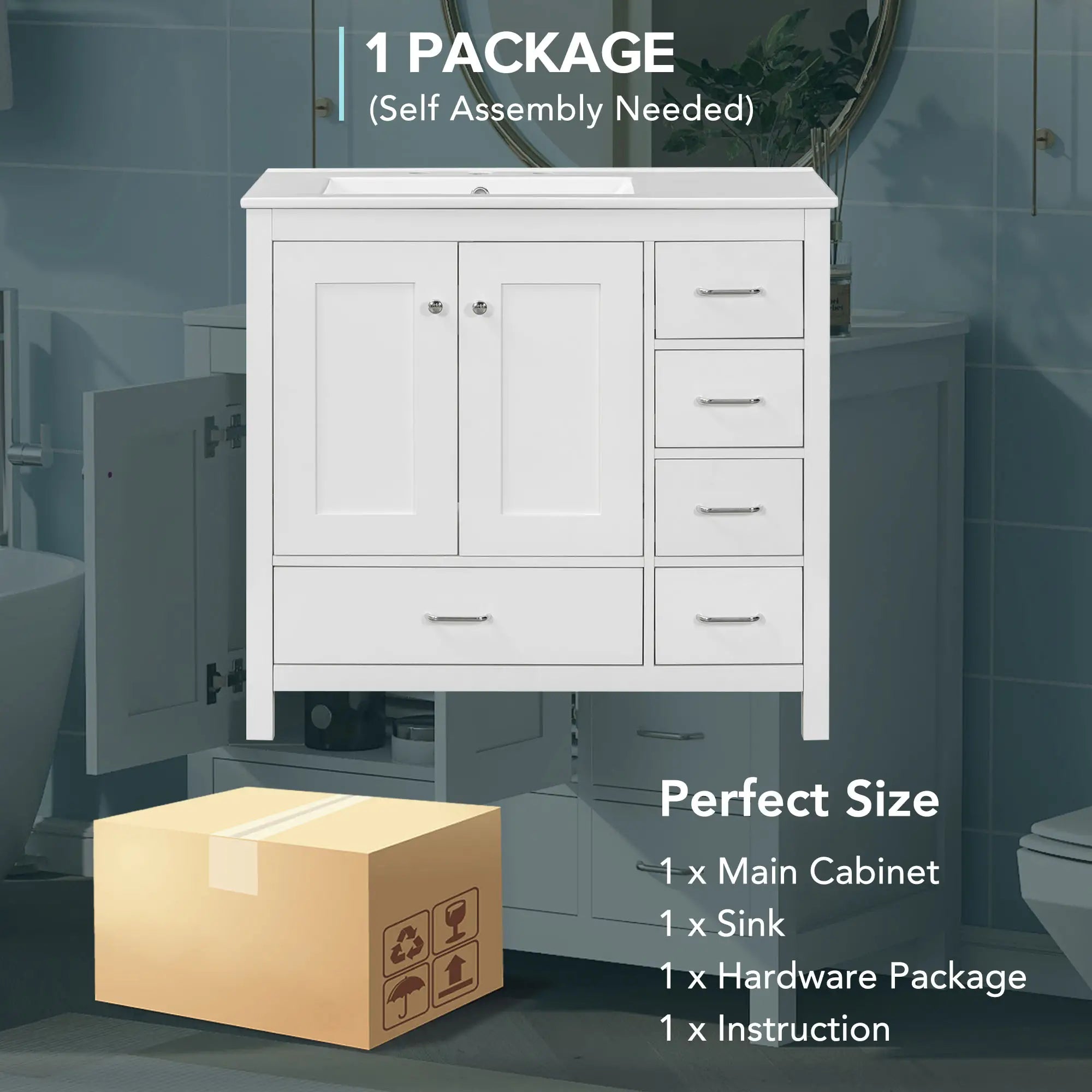 Bathroom Vanity, Ceramic Sink, 2 Soft Close Doors, 5 Drawers, 36