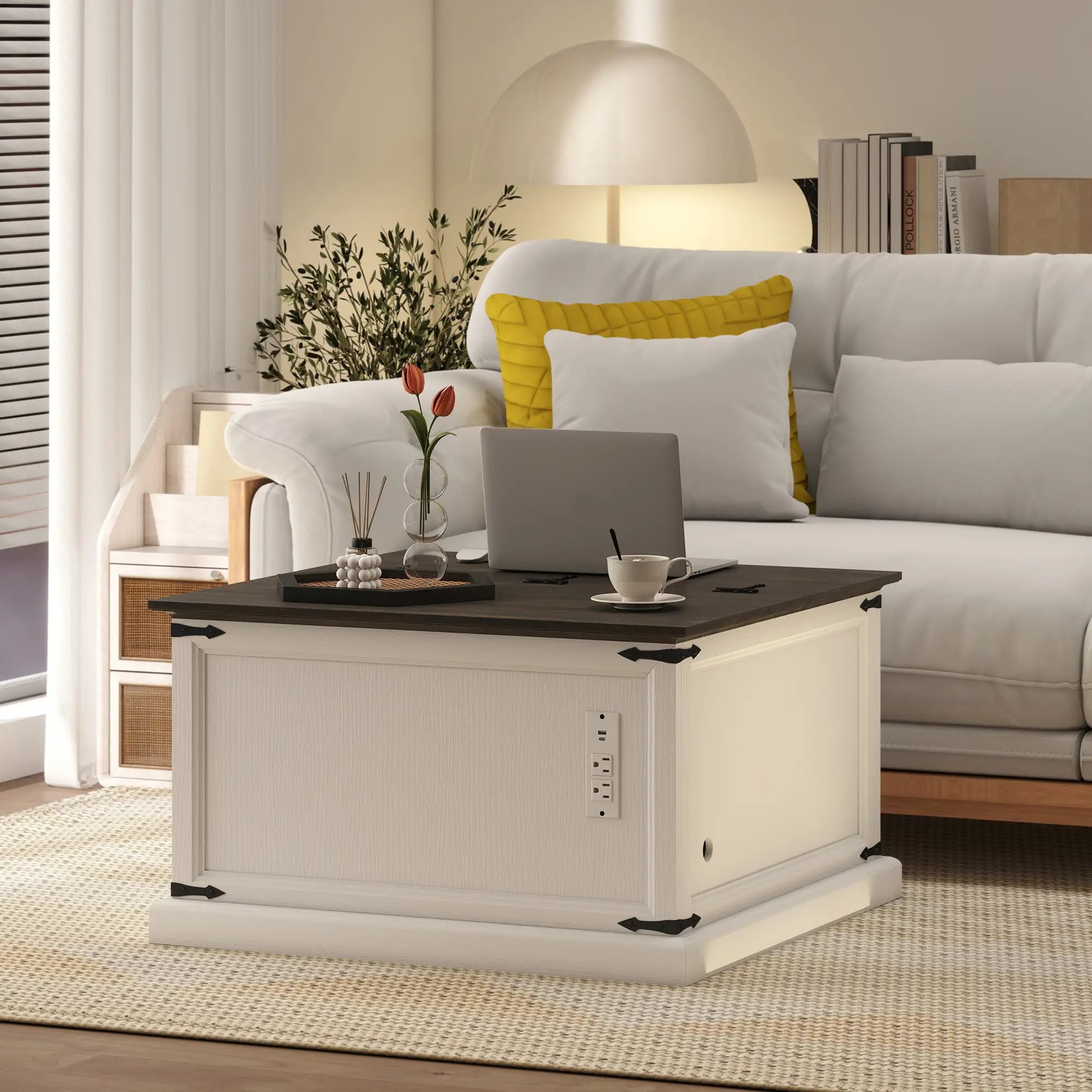 Lift Top Coffee Table, Square Farmhouse Center Table, White Wood Grain, White Coffee Tables at Gallery Canada