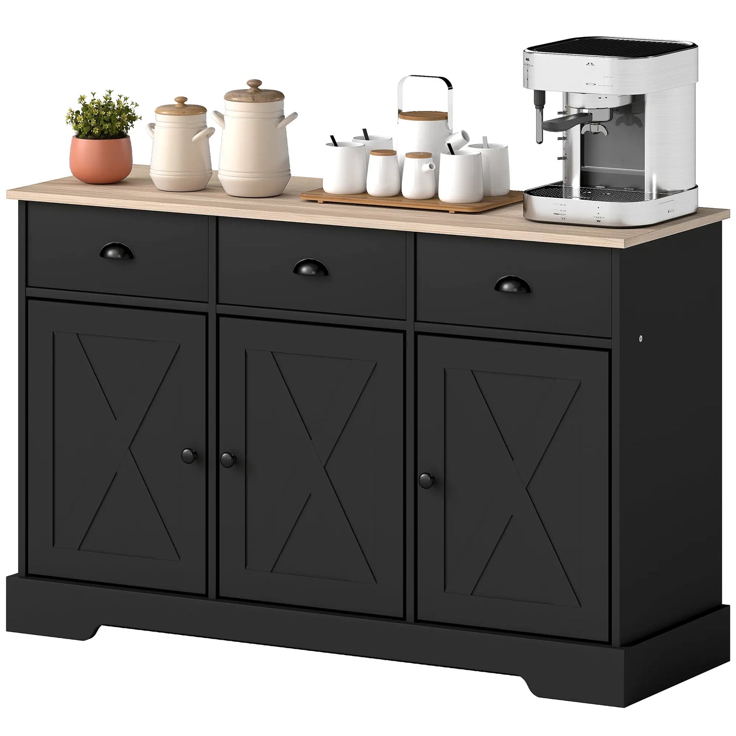 46.5" Buffet Cabinet, Farmhouse Sideboard, 3 Barn Doors, 3 Drawers, Black Bar Cabinets Black, Natural at Gallery Canada