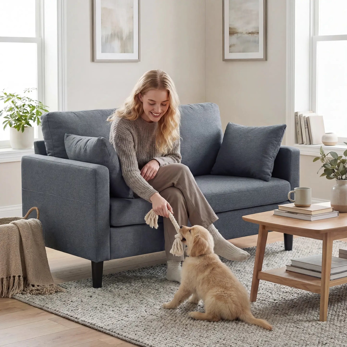 55" Loveseat Sofa, Modern Linen Upholstered, Dark Grey 2-Seater Sofas at Gallery Canada