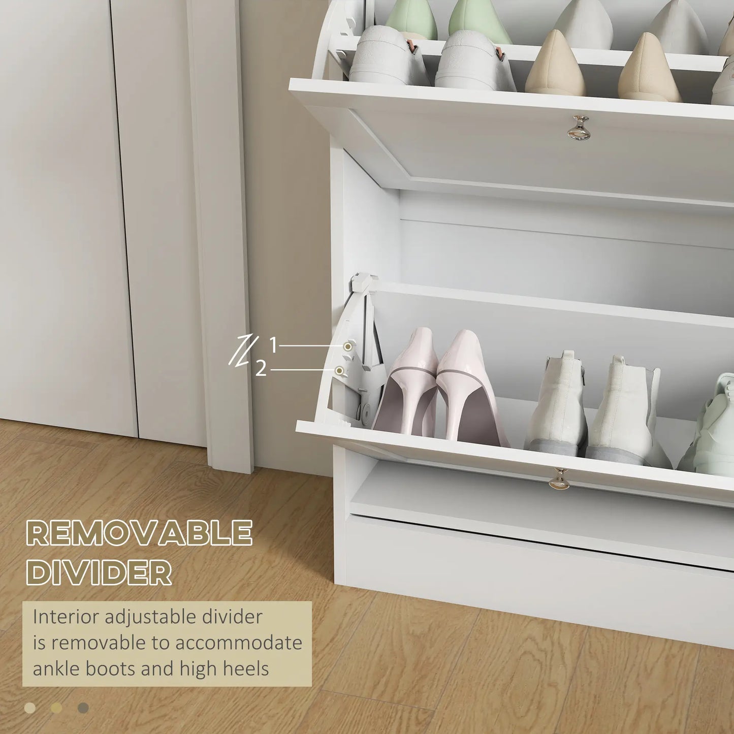 Slim Shoe Storage Cabinet, 2 Flip Drawers, Adjustable Shelves for 12 Pairs, White Shoe Storage Cabinets & Racks at Gallery Canada