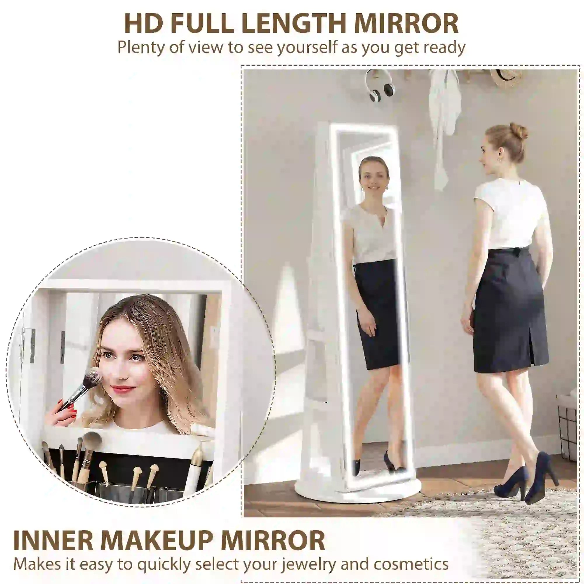 360° Swivel Jewelry Cabinet, Full Length Mirror, Lockable, LED Lights, White Jewelry Armoire & Jewellery Mirror Cabinets at Gallery Canada
