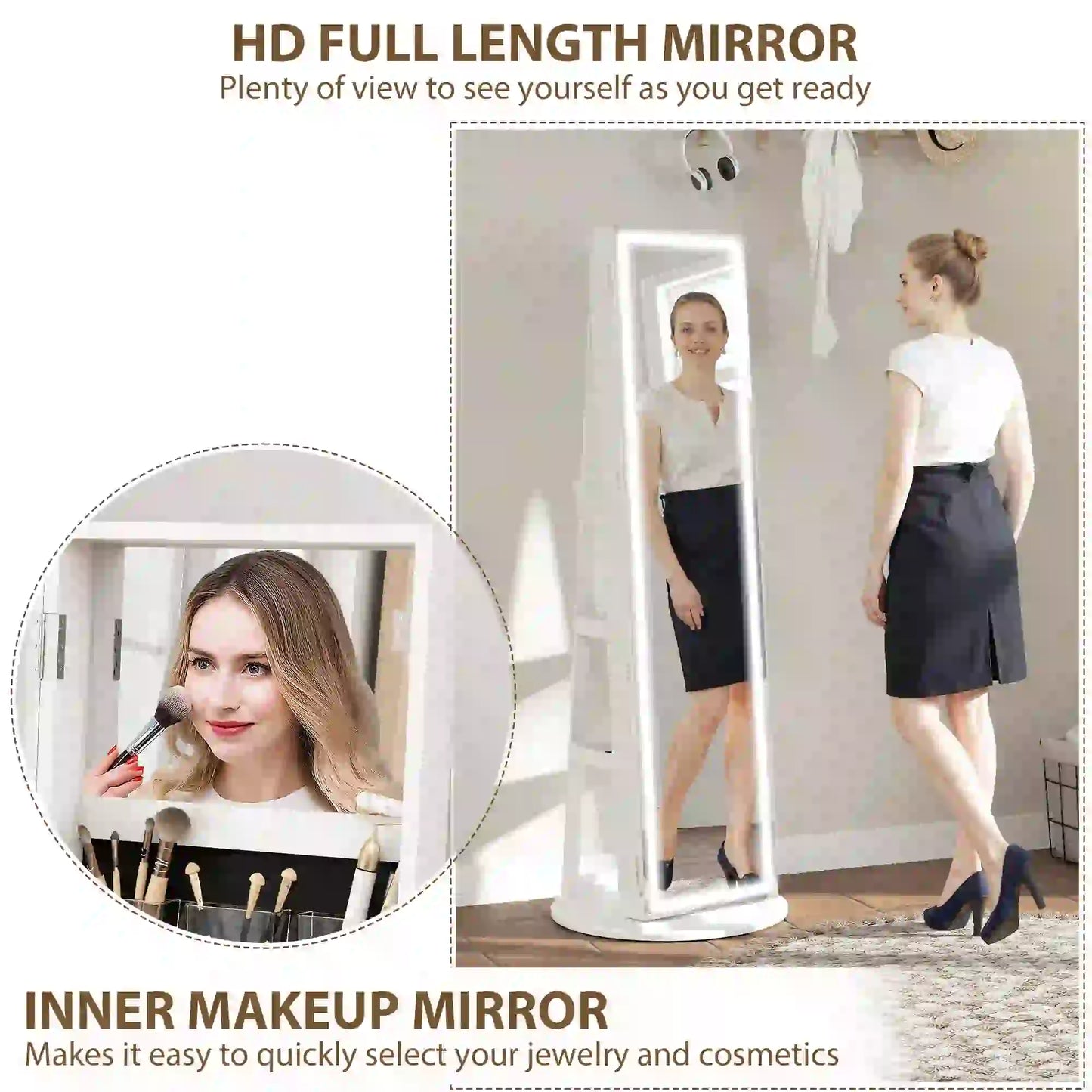 360° Swivel Jewelry Cabinet, Full Length Mirror, Lockable, LED Lights, White Jewelry Armoire & Jewellery Mirror Cabinets at Gallery Canada