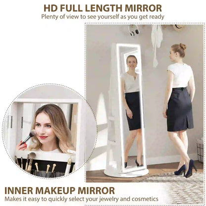 360° Swivel Jewelry Cabinet, Full Length Mirror, Lockable, LED Lights, White Jewelry Armoire & Jewellery Mirror Cabinets at Gallery Canada