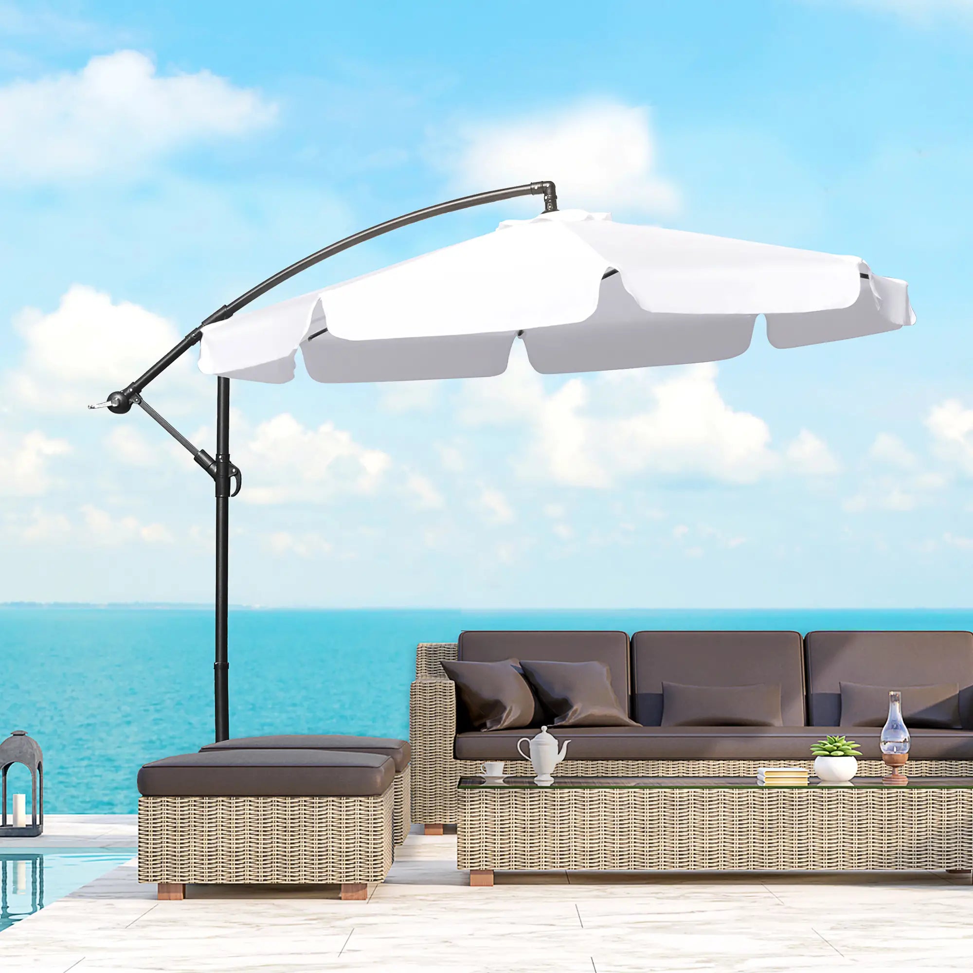 9FT Offset Hanging Patio Umbrella, Easy Tilt, Cross Base, 8 Ribs, White Cantilever Umbrellas at Gallery Canada