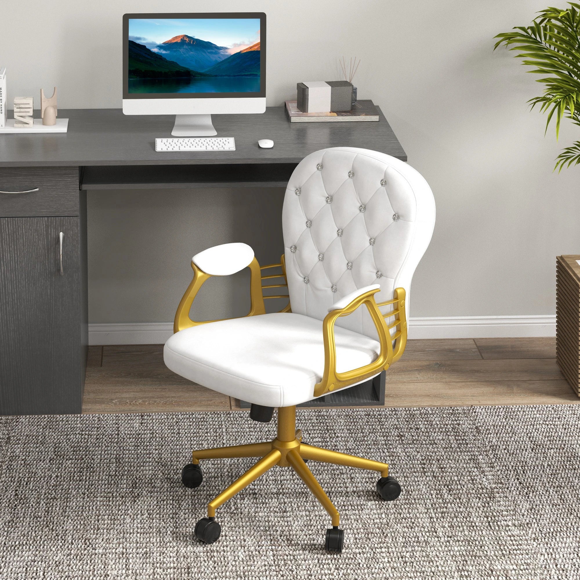 Velvet Office Chair, Button Tufted, Swivel Wheels, Adjustable Height, Cream White Task Chairs at Gallery Canada
