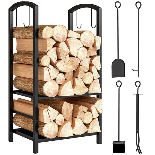 16" 2-Tier Firewood Log Rack, Storage Holder with Tools, Black