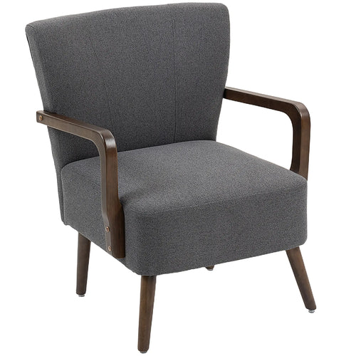 Accent Chair with Wooden Legs, Linen Fabric, Thick Padding, Dark Grey