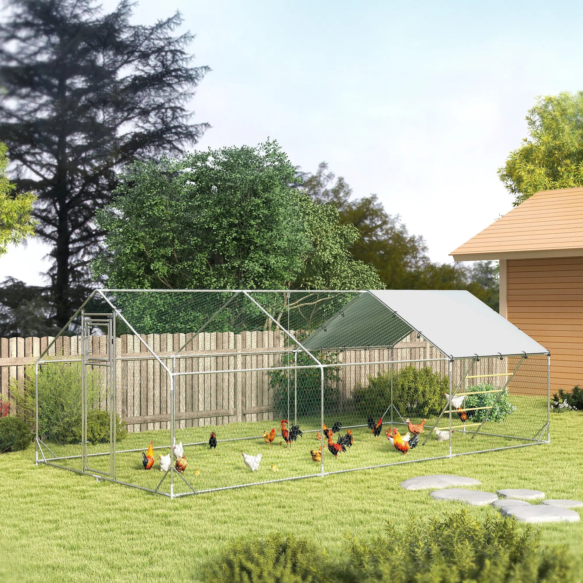 Large Metal Chicken Run, Waterproof UV-Resistant Cover, Feeding Door, Hanging Feeder, Perch, 18-24 Chickens Chicken Coops at Gallery Canada