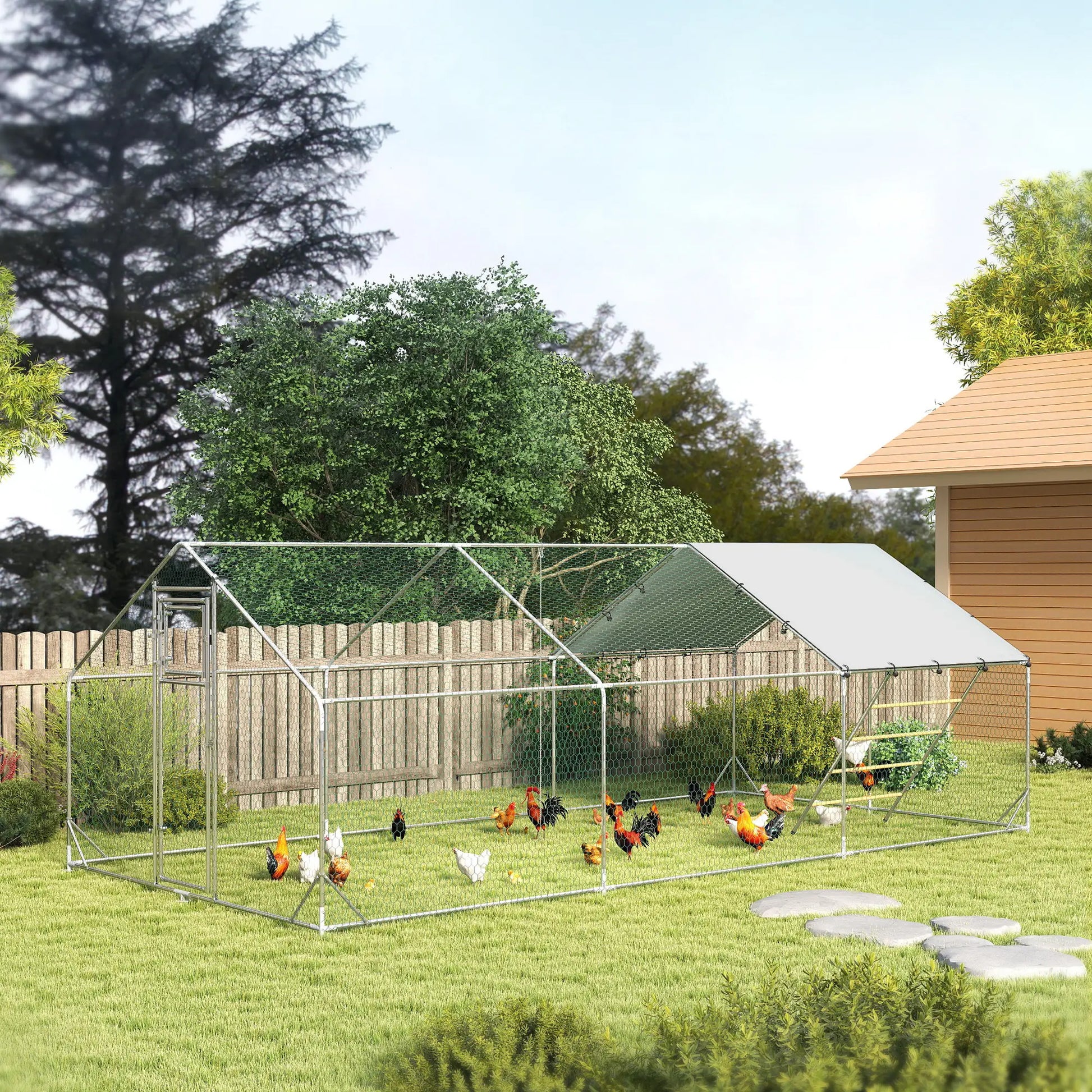 Large Metal Chicken Run, Waterproof UV-Resistant Cover, Feeding Door, Hanging Feeder, Perch, 18-24 Chickens Chicken Coops at Gallery Canada