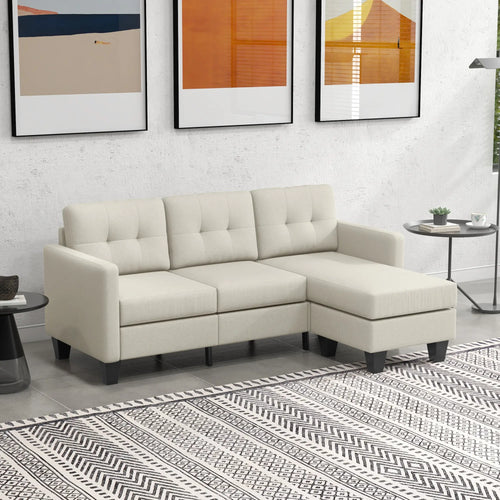 L-Shaped Sofa, 3 Seater Sectional with Ottoman, Beige